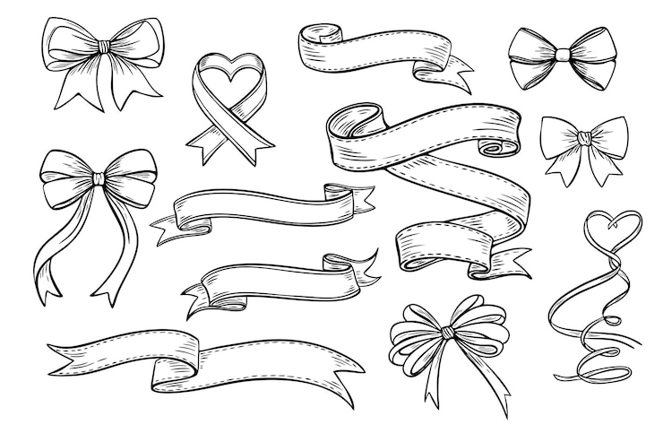 Vektori set of sketch engraving bows and ribbons banner vector illustration