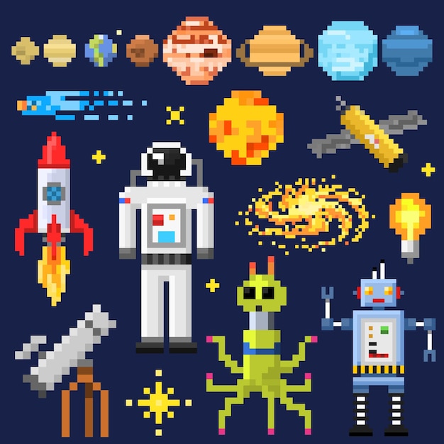Set of space stars alien spaceman robot rocket and satellite cubes solar system planets pixel art digital vintage game style Mercury Venus Earth Mars Jupiter Saturn icons composition
