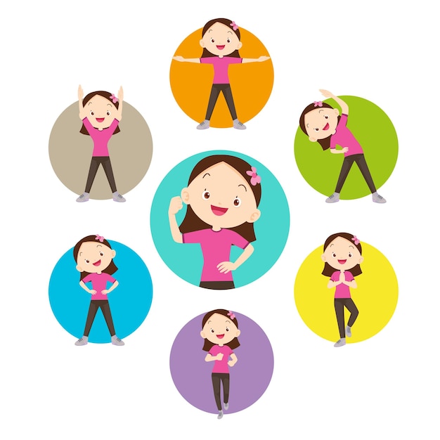 Set of strong girl healthy from exercise various actions in circle chart
