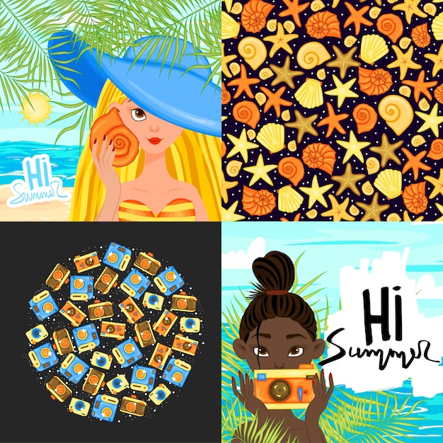 set of summer template for text and pattern. cartoon style. vector illustration.