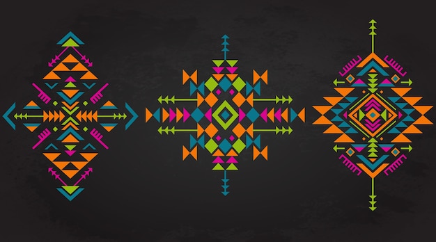 Set of three colorful ethnic pattern elements with geometric shapes