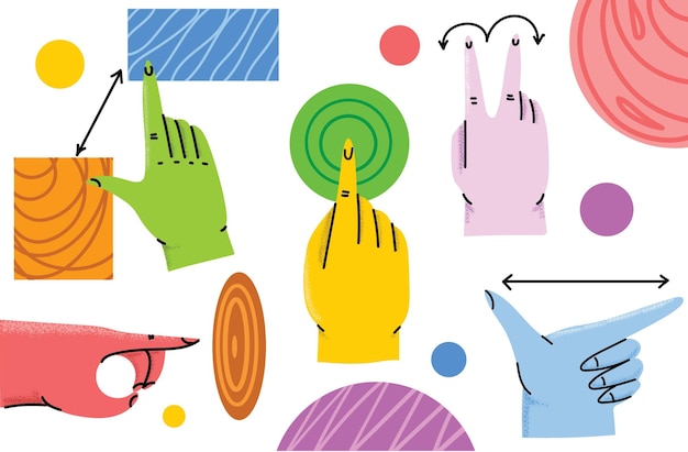Set of touch screen gestures icon illustrations Hand click finger multi touch cursor pointer and more App interface presentation design elements isolated on the background