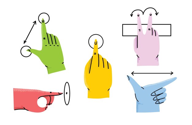 Set of touch screen gestures icon illustrations Hand click finger multi touch cursor pointer and more App interface presentation design elements isolated on the background