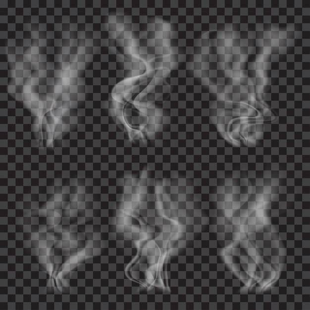 Set of translucent gray smoke on transparent background.