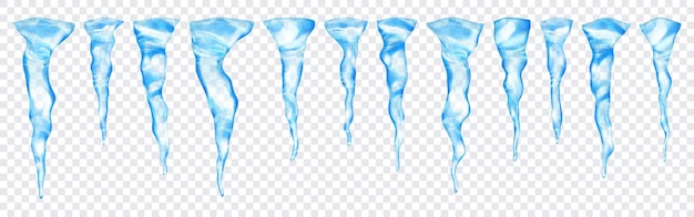 set of translucent light blue realistic icicles of different lengths on transparent background. transparency only in vector format