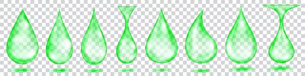 set of translucent water drops in green colors in various shapes, isolated on transparent background. transparency only in vector format