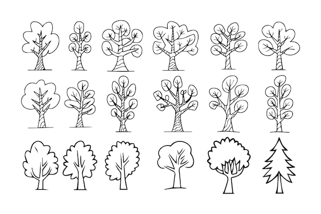 Set of tree doodle line art on white background