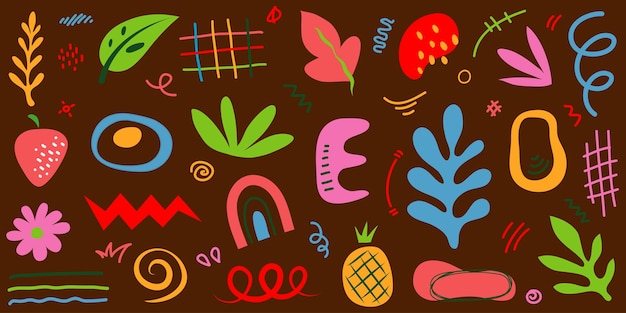 Set of trendy doodles and abstract nature icons on isolated white background Big summer collection unusual organic shapes in freehand matisse art style Including