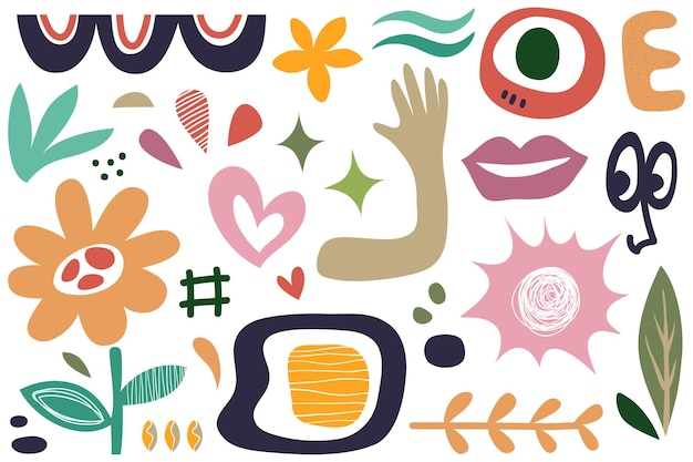 Set of trendy doodles and abstract nature icons on isolated white background Big summer collection unusual organic shapes in freehand matisse art style Including