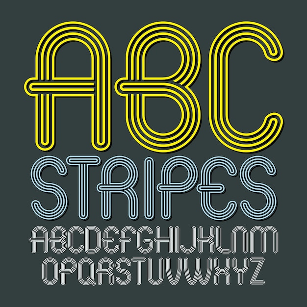 set of trendy modern vector capital alphabet letters, abc isolated. disco rounded font for use as business poster design elements. made with triple stripy decoration.
