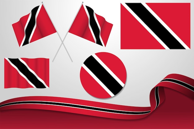 Set Of Trinidad and Tobago Flags In Different Designs Icon Flaying Flags With ribbon With Backgrou