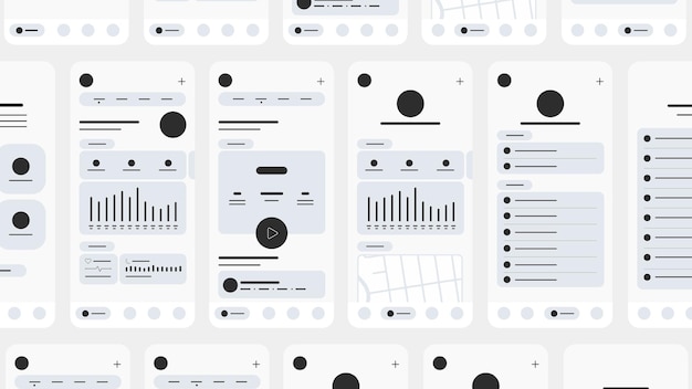 Set of UI UX Wireframes, GUI screens any app flat design template for mobile apps, website design.