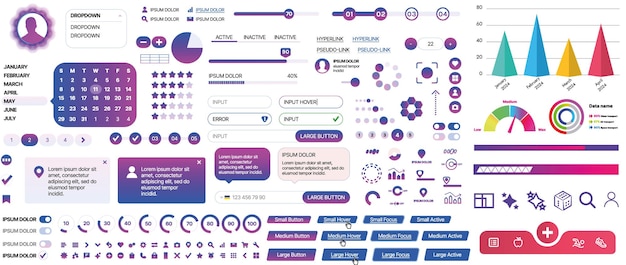 Set of UIUX elements for websites and mobile applications buttons forms menus panels