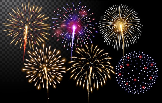 Set of various shapes sparkling firework on a transparent background