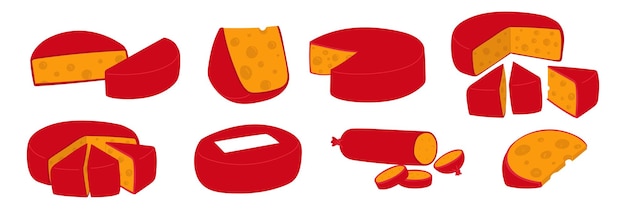 set of various triangular round slices of yellow cheese with holes in red wax illustration cheeses