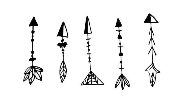 set of vector arrows in boho style hand drawn bow arrows with feathers doodle outline vector
