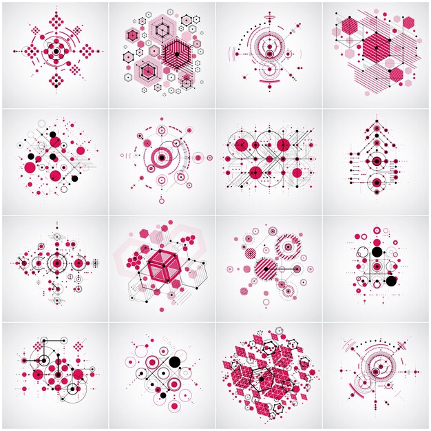 Set of vector Bauhaus red abstract backgrounds made with grid and overlapping simple geometric elements, circles and honeycombs. Retro style artworks, graphic templates for advertising poster.