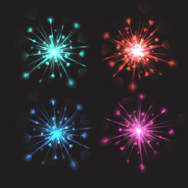 set of vector colorful bright fireworks with hearts for your creativity