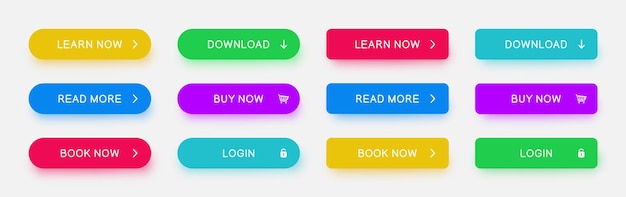 Set of vector different colors web buttons Flat minimalist buttons with color shadows for website apps ui games