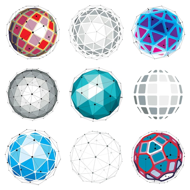 Set of vector dimensional wireframe low poly objects, spherical facet shapes with grid. Technology 3d mesh elements collection can be used as design forms in engineering.