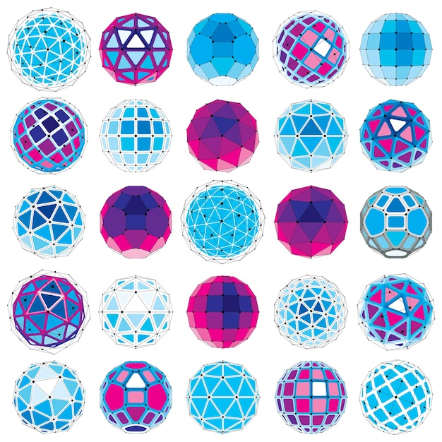 Set of vector dimensional wireframe low poly objects, spherical facet shapes with grid. Technology 3d mesh elements collection can be used as design forms in engineering.
