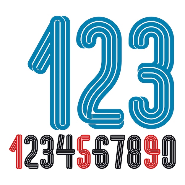 set of vector funky regular numbers from 0 to 9 made with triple stripes, best for use in logotype design for festival announcement.