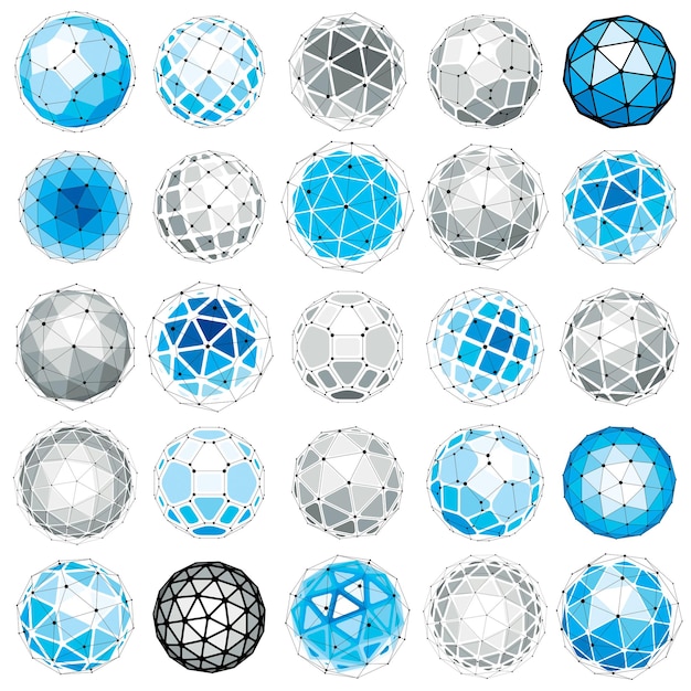 Set of vector low poly spherical objects with connected lines and dots, 3d geometric wireframe shapes. Perspective trigonometry facet orbs created with triangles, squares and pentagons.
