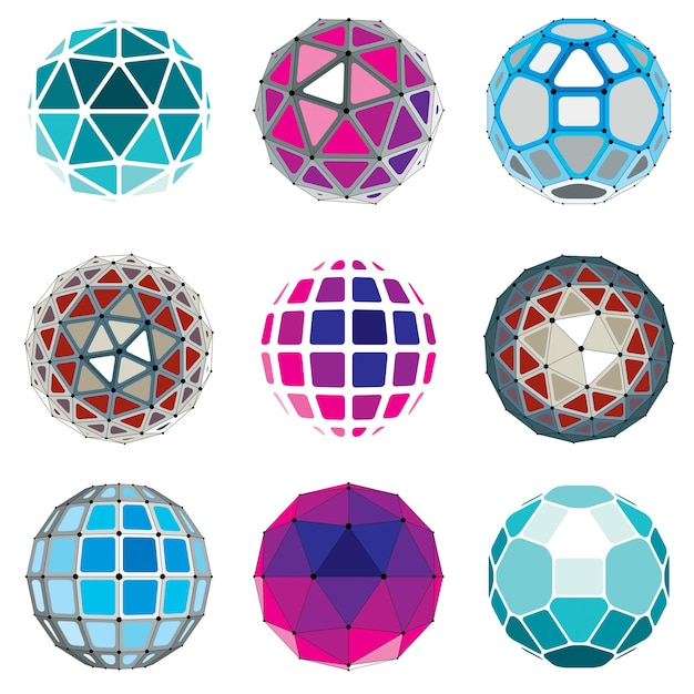 Set of vector low poly spherical objects with connected lines and dots, 3d geometric wireframe shapes. Perspective trigonometry facet orbs created with triangles, squares and pentagons.