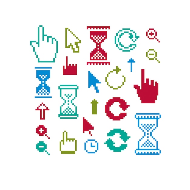 Set of vector retro cursor signs made in pixel art style. Simplistic arrows pointing at different directions. Geometric pixilated symbols like pointers and hourglasses.