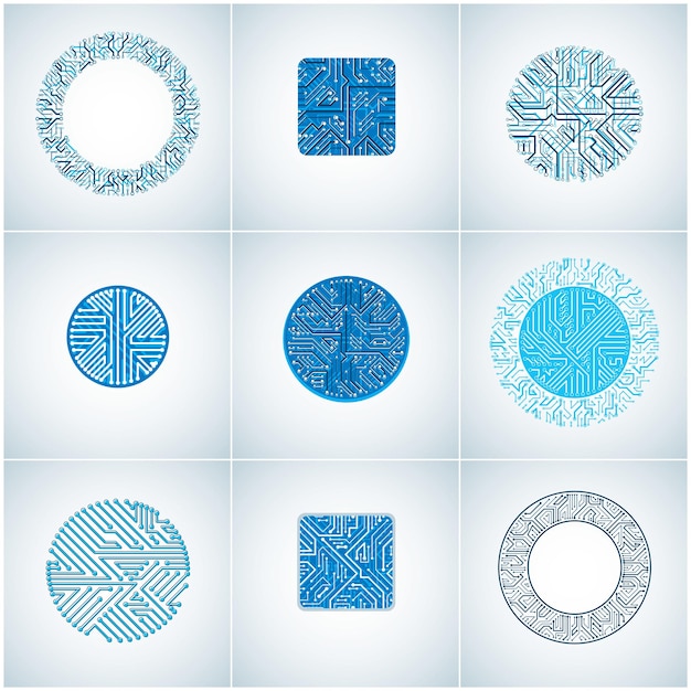 Set of vector technology cpu designs with square and circular blue microprocessor schemes. Computer circuit boards, digital elements.