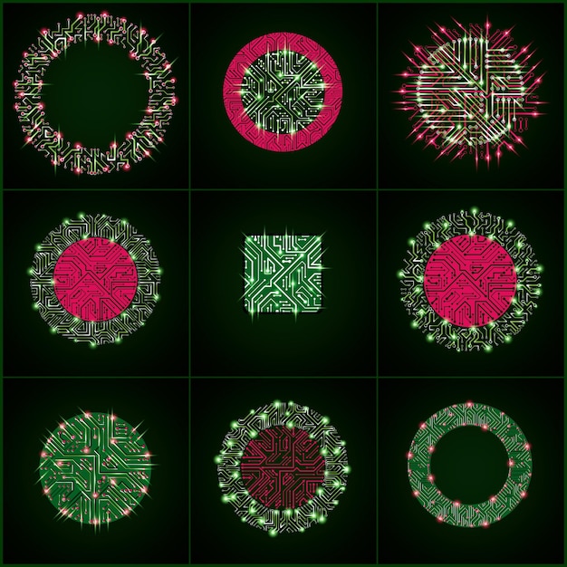 Set of vector technology cpu designs with square and circular luminescent microprocessor schemes. Computer circuit boards with multidirectional arrows, digital elements with flash effect.