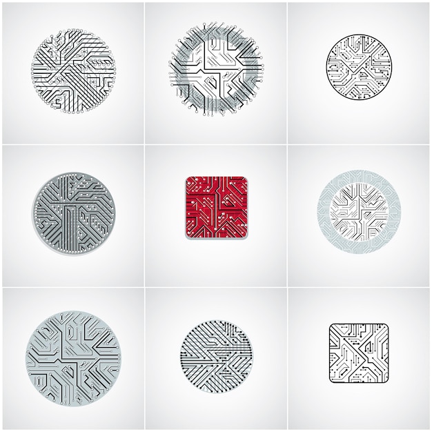 Set of vector technology cpu designs with square and circular microprocessor schemes. Computer circuit boards, digital elements.