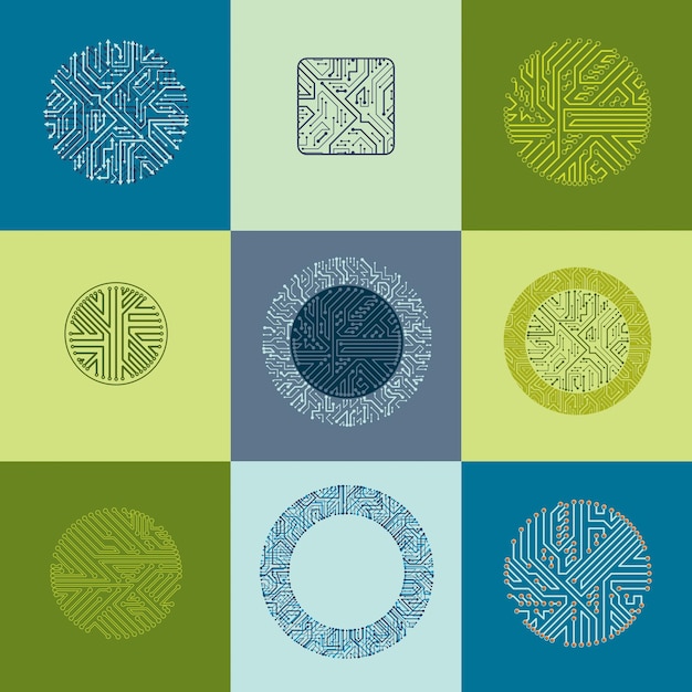 Set of vector technology cpu designs with square and circular microprocessor schemes. Computer circuit boards with multidirectional arrows, digital elements.