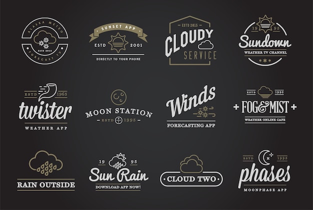 set of vector weather icons and logotypes of business forecasting apps and channels
