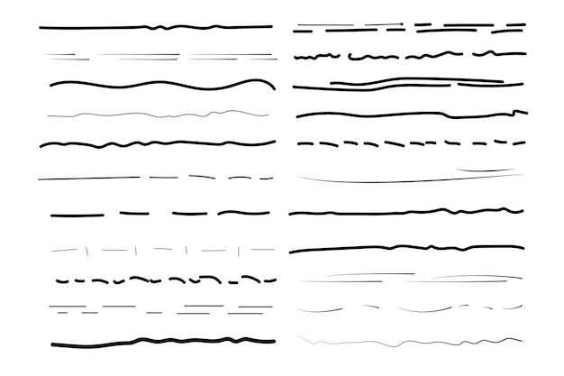 set of wavy horizontal lines. set of art brushes for pen. marker hand-drawn line border set and scribble design elements. hand drawn grunge brush strokes. vector illustration, eps 10.