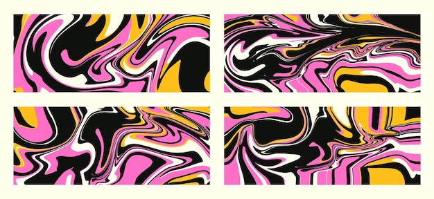 Set of wavy trippy patterns in psychedelic colors Vector abstract background