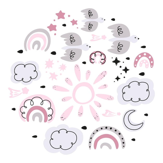 set of weather icons abstract pattern with doodle elements set of hand drawn doodles clouds