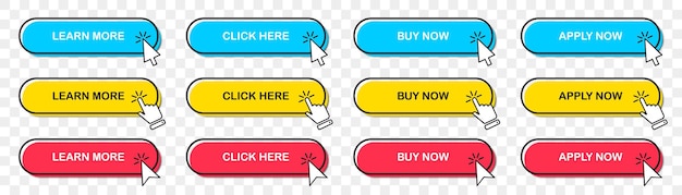 Set of web buttons with cursor icons Vector illustration