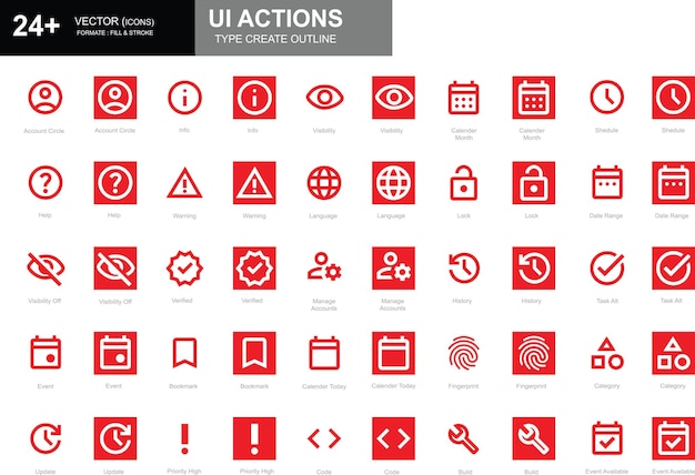 Set of white and red outline style UI action icons including Info help lock event verified and more