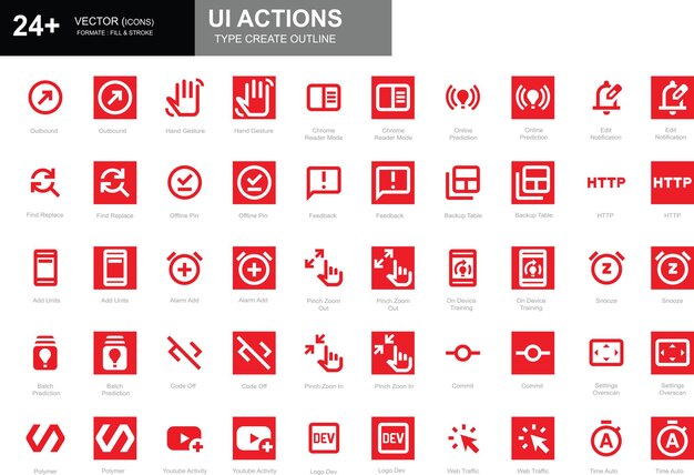 Set of white and red outline style UI action icons including outbound offline pin alarm add and more