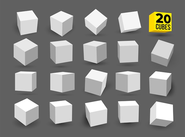 set of white cubes isolated on white background different light perspective and angle