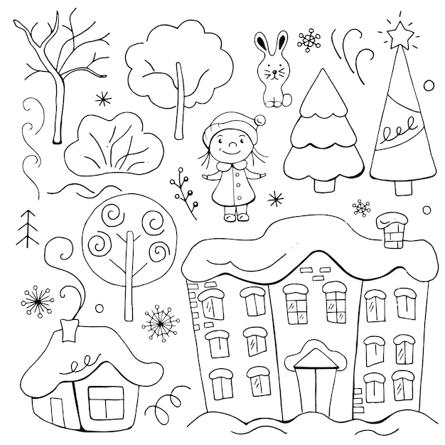 Set of winter doodles with lettering Hand drawn vector collection of isolated elements objects and icons