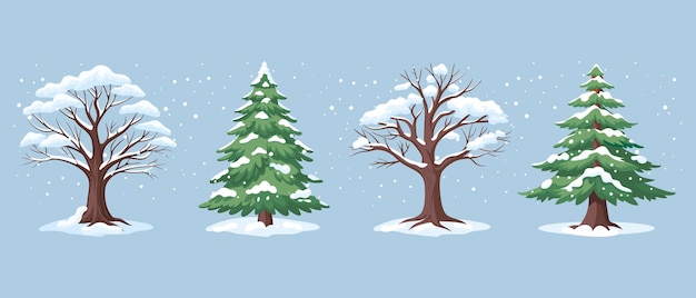 Set of winter trees and firs covered with snow on a blue background Winter forest plants with snow