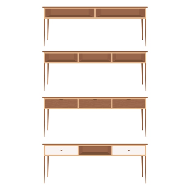 Set of wooden computer desk, working table, pc desk vector in flat design style