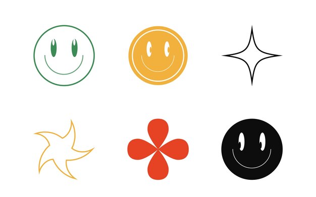 Set of Y2K style vectors of objects Brutalism star and flower shapes Modern abstract forms