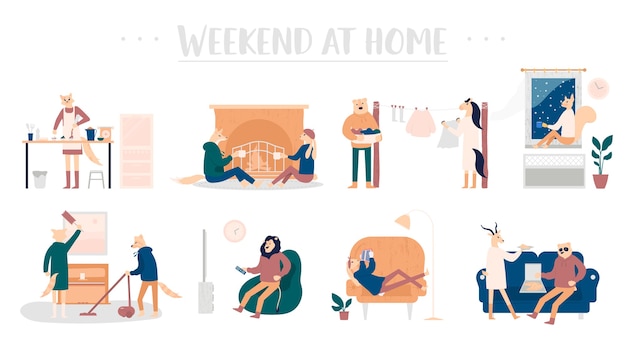 Set of young men and women spending weekend at home
