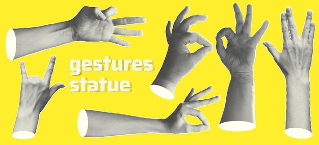 set statue hands halftone style for collage design fingers show gestures as ok peace thumb up point to object rock isolated on yellow background contemporary modern art vector illustration