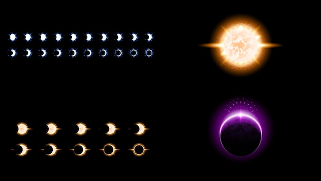Set Sun Eclipse Solar Collection Color Fire Dark Background Vector Moon Design Style Space Science