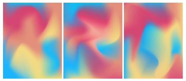 set three vibrant mesh gradient backgrounds with blue red yellow colors blurred color wave