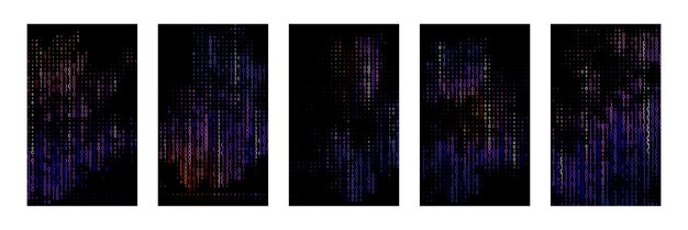 Set vertical panels display falling binary code set against a black background Each panel features colorful gradients of blue dark purple and hints of redorange creating abstract patterns